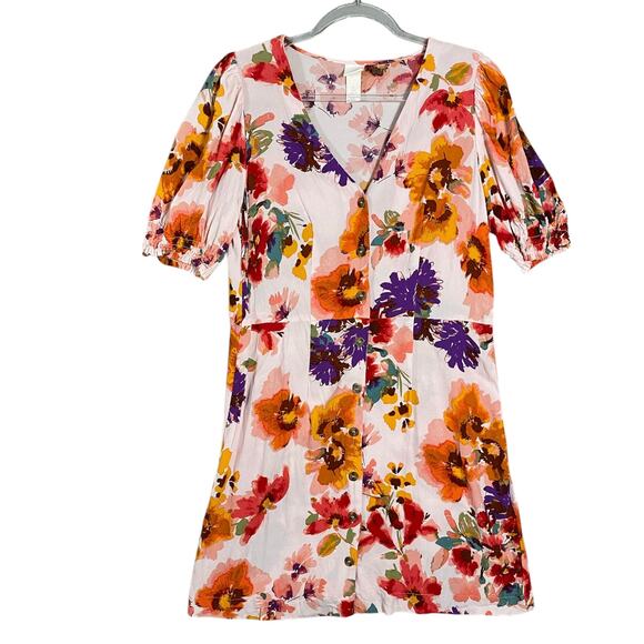 H&M Dresses & Skirts - Women's Floral Puff Short Sleeve Button Down Summer Spring Shirt Dress Large